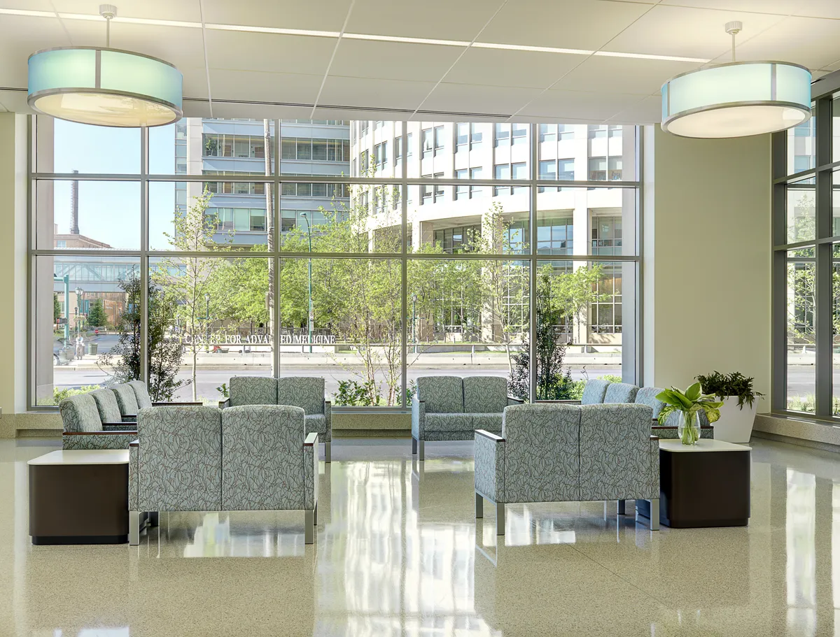 Modern medical office or clinic lobby with neutral tones and natural light