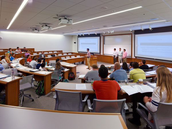 Students fill the Washington University Olin Expansion auditorium