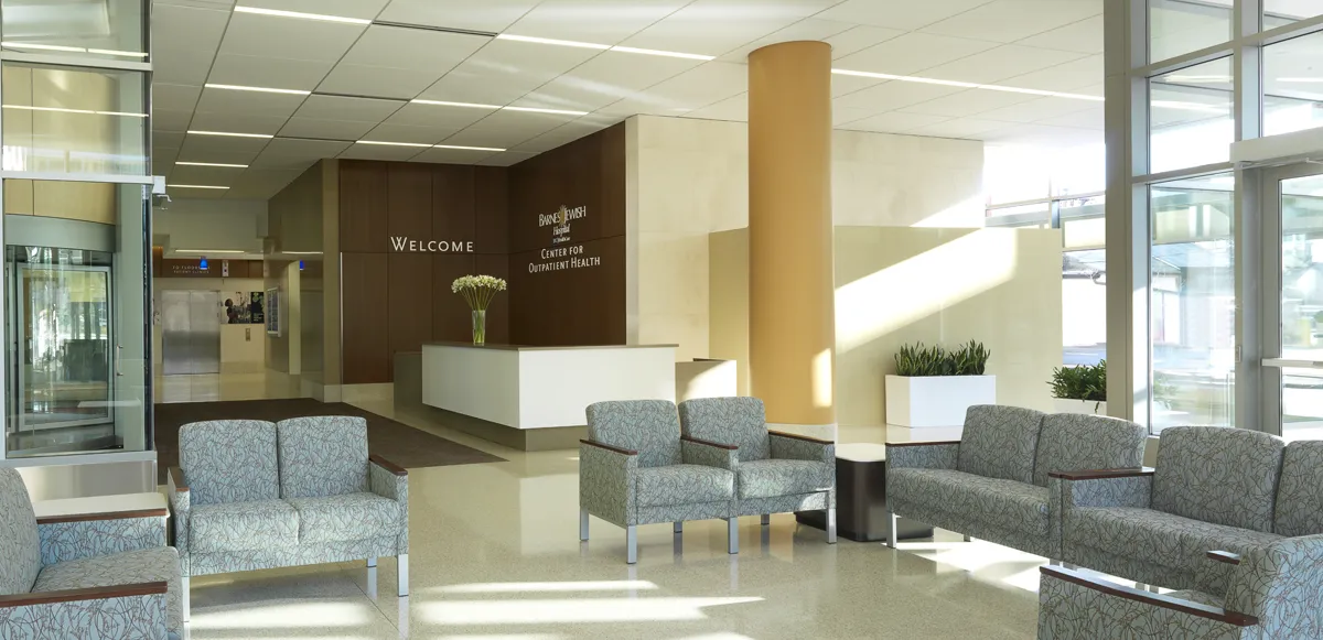 Modern medical office or clinic lobby with neutral tones and natural light