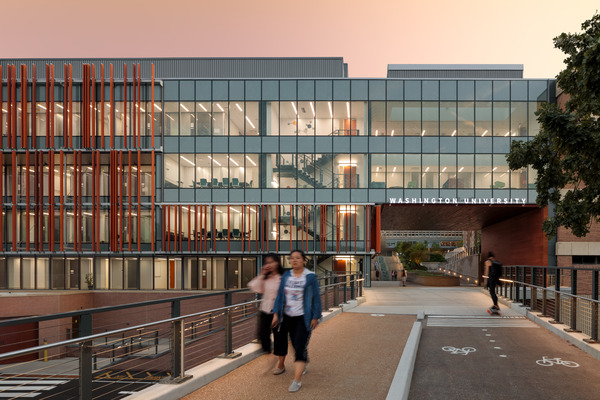 Students walk in front ofWashington University Bryan Hall