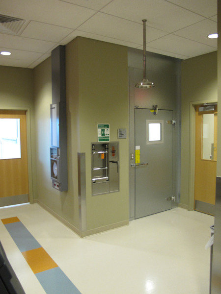 science lab hallway with safety equipment