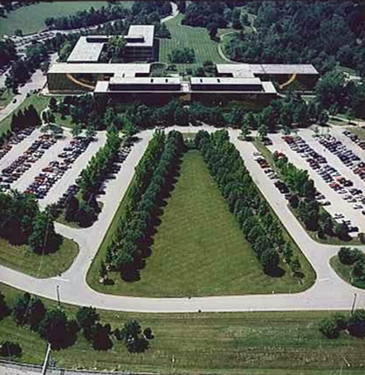 Aerial view of a formal garden or symmetrical landscape with pathways