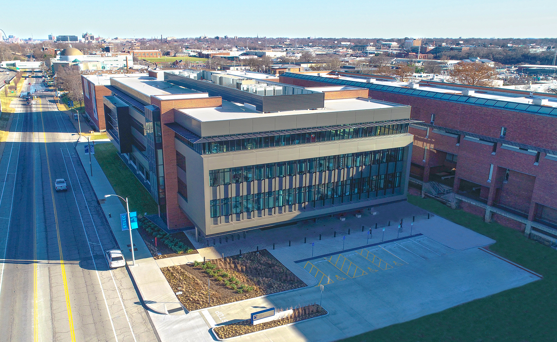 Aerial view of a large building complex