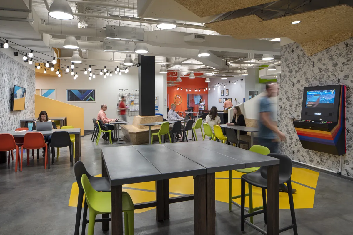 Bright open office with bright seating and collaborative areas