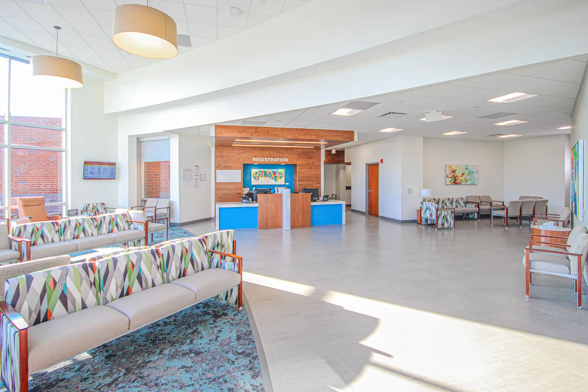 Pediatric healthcare hallway with bright colors and themed artwork