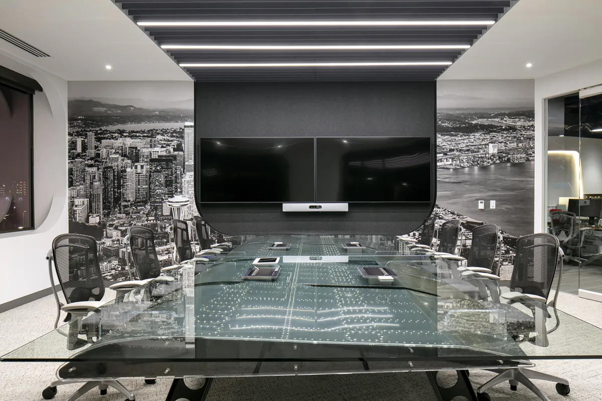 Modern conference room with large plane wing table