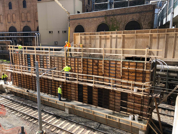 Steel formwork or shoring system inside a large building under construction