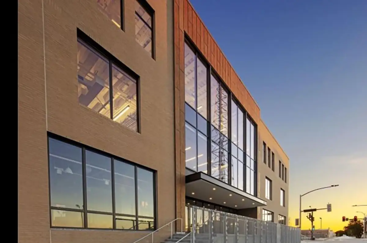 office building entrance at sunset