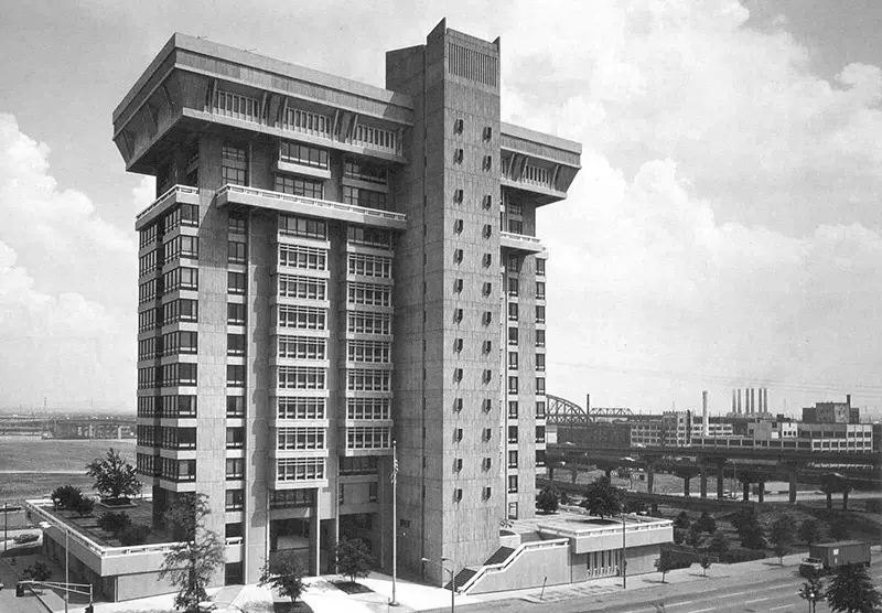 Black and white image of the Pet Milk building in St. Louis, Missouri