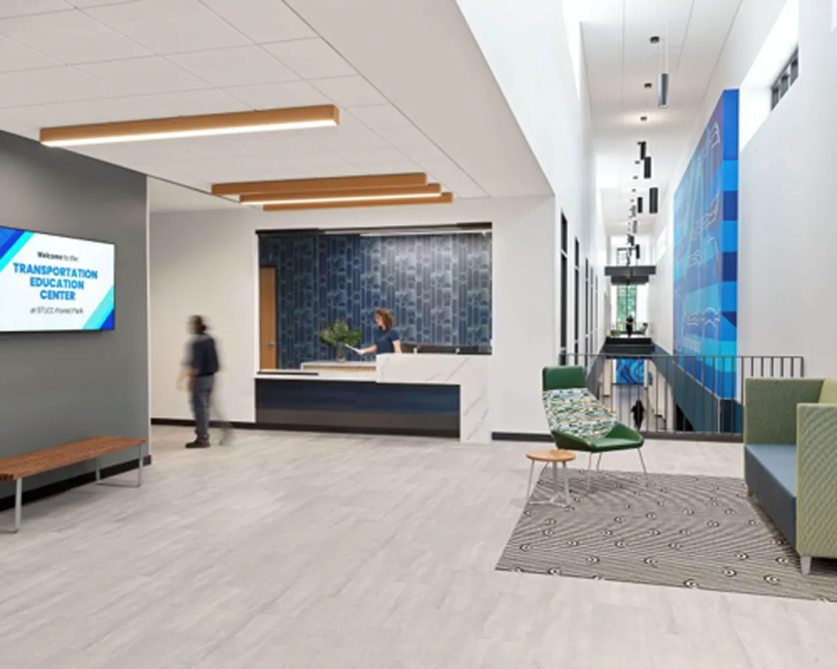 Spacious commercial lobby with neutral finishes