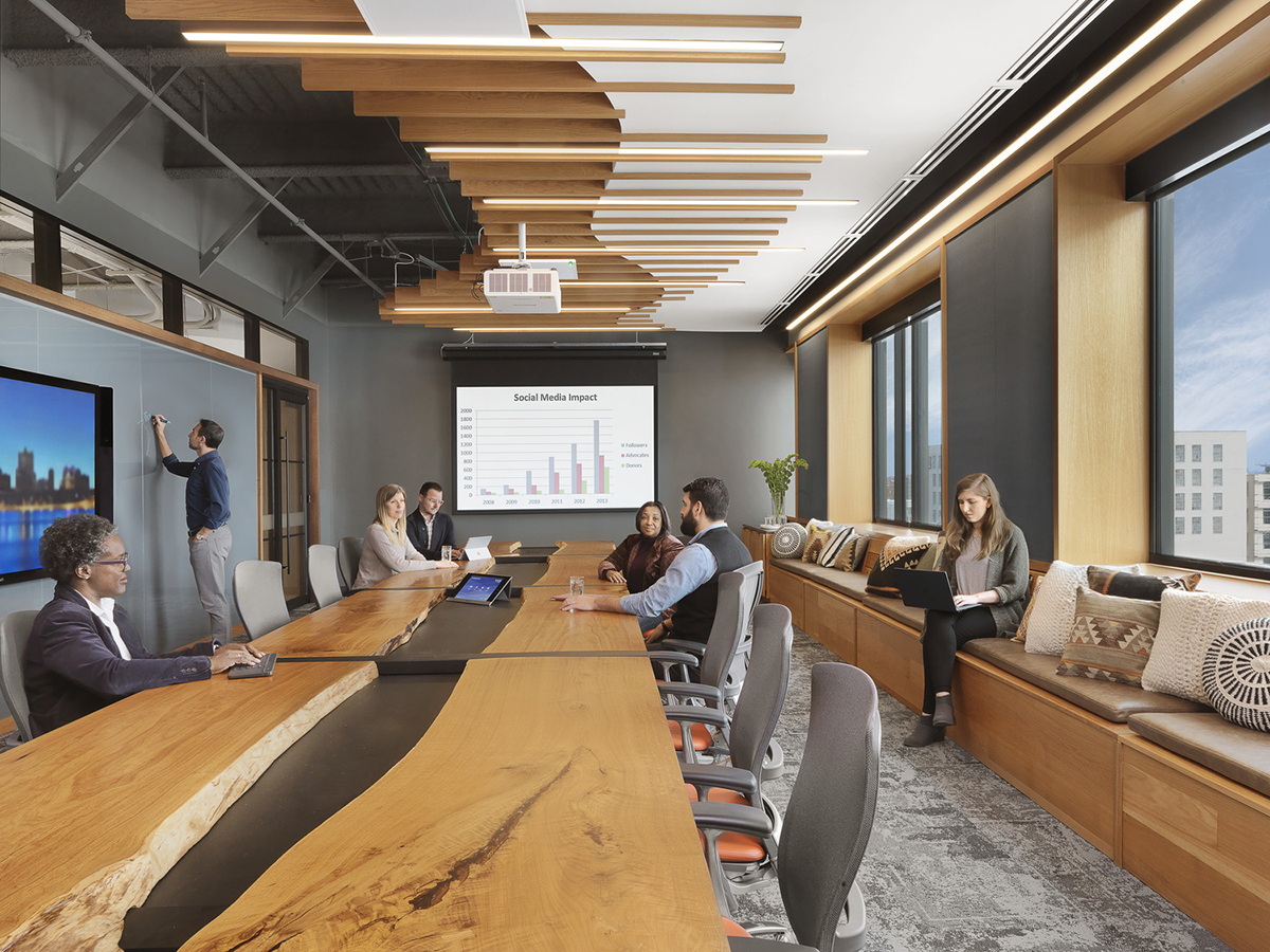 Contemporary board room with wood ceiling and pendant lights