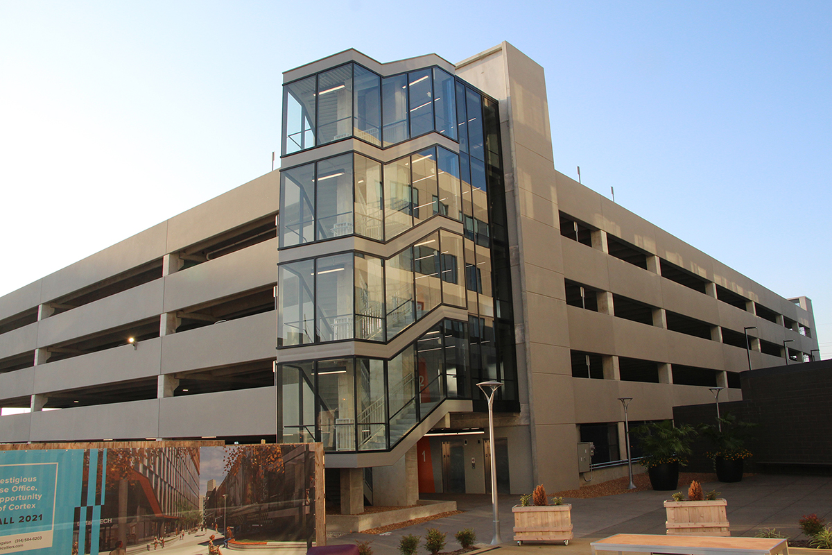Exterior corner view of a multi-story parking garage