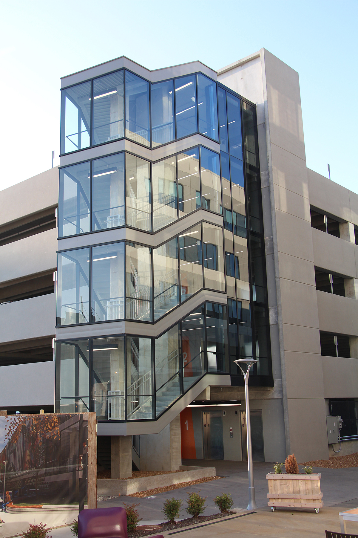 Exterior corner view of a multi-story parking garage