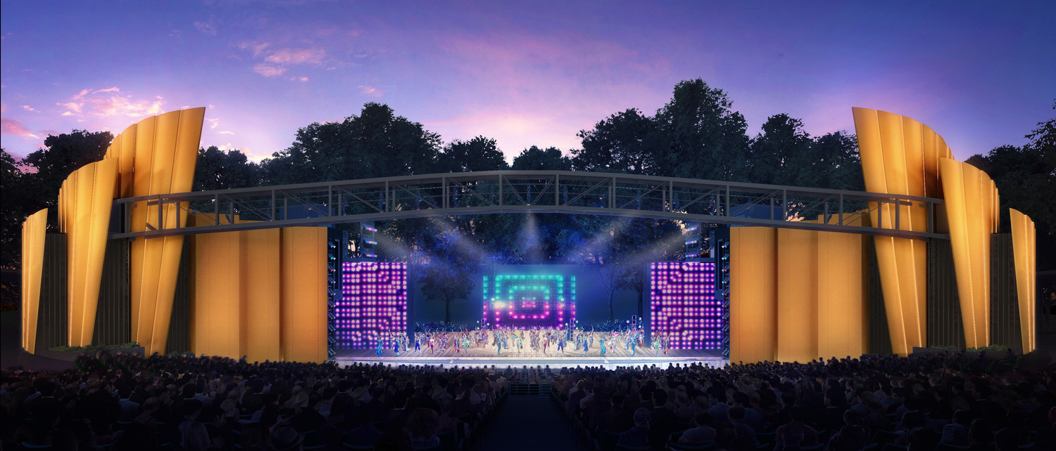 Colorful illuminated outdoor stage or amphitheater at twilight