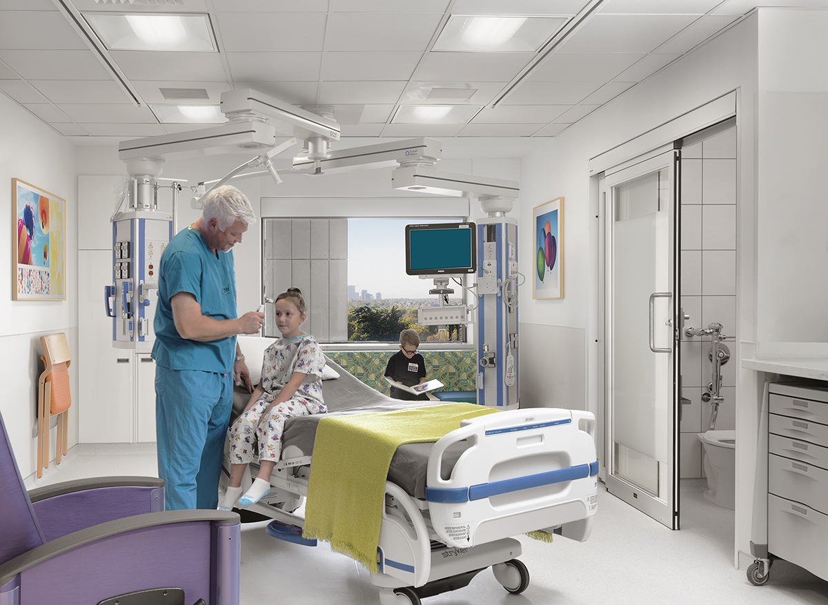 Modern patient room with medical equipment and large window