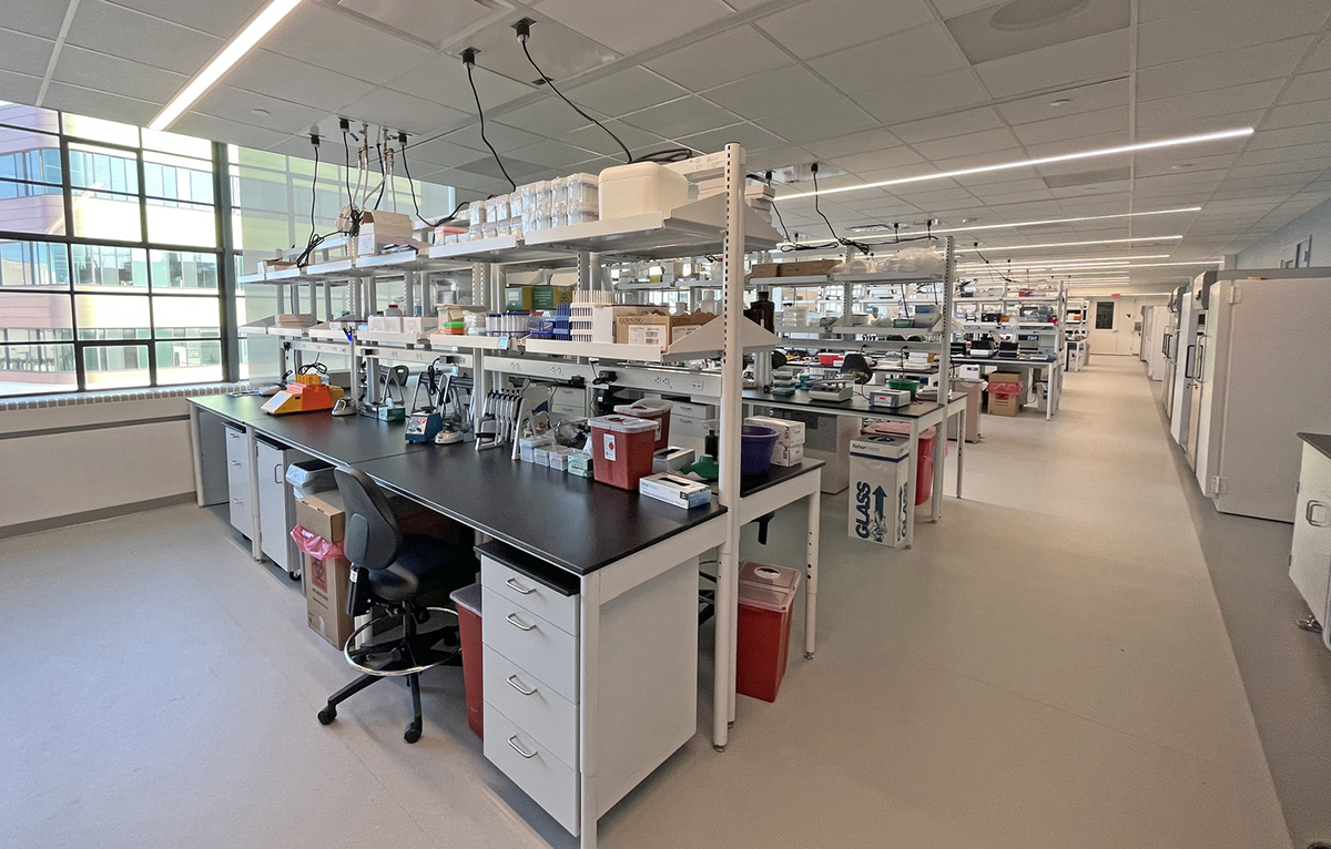 Bright laboratory space with workbenches, equipment, and large windows