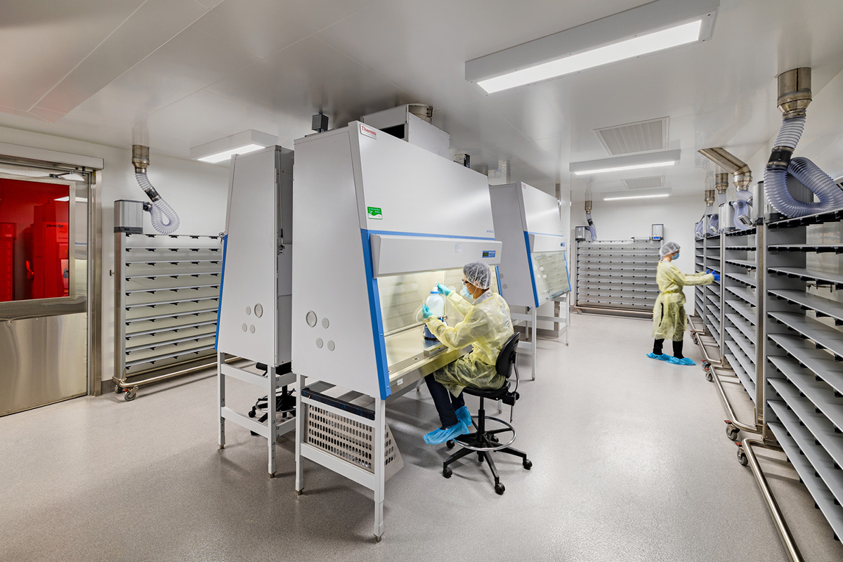 Modern lab or classroom with white cabinetry and open floor plan