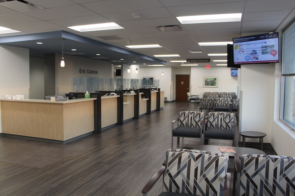 Reception desk area of a modern office or healthcare facility