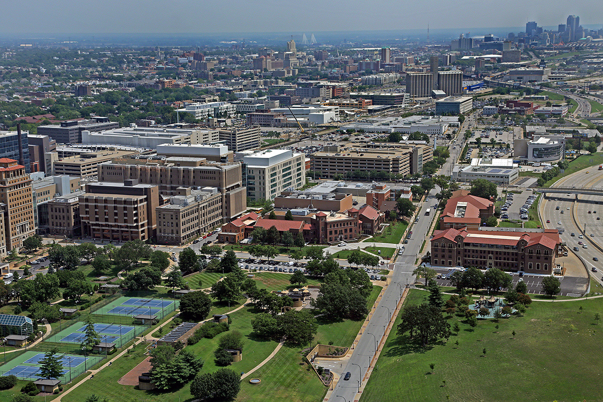Aerial view of a dense urban cityscape