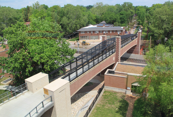 Pedestrian bridge or walkway through a wooded area